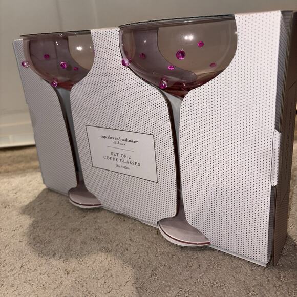 NEW Dotted PINK COUPE GLASSES Martini Margarita Cocktail 3D Dots Beaded SET OF 2 - Picture 4 of 6